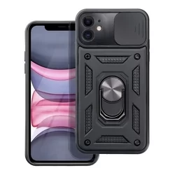 iPhone 11 Telefontok - Camshield - fekete szilikon tok, kitámasztó ujjgyűrűvel, csúsztatható kameravédővel-1