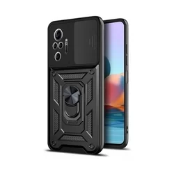 Xiaomi Poco M5s Telefontok - Camshield - fekete szilikon tok, kitámasztó ujjgyűrűvel, csúsztatható kameravédővel-1
