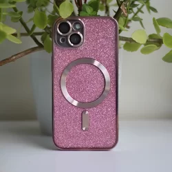 iPhone 14 Pro Telefontok - Glitter Chrome - MagSafe kompatibilis pink / átlátszó szilikon tok-3