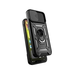 iPhone 15 Telefontok - Camshield - fekete szilikon tok, kitámasztó ujjgyűrűvel, csúsztatható kameravédővel-1