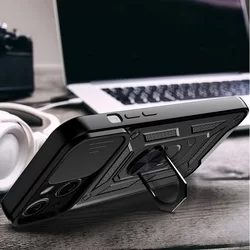 iPhone 15 Telefontok - Camshield - fekete szilikon tok, kitámasztó ujjgyűrűvel, csúsztatható kameravédővel-2