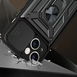 iPhone 15 Telefontok - Camshield - fekete szilikon tok, kitámasztó ujjgyűrűvel, csúsztatható kameravédővel-4