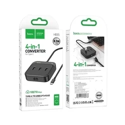 HOCO HB35 HUB Adapter - 4in1 porttal, Type-C / USB / RJ45, fekete adapter-4