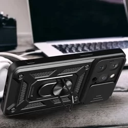 iPhone 15 Pro Max Telefontok - Camshield - fekete szilikon tok, kitámasztó ujjgyűrűvel, csúsztatható kameravédővel-2
