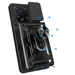 Xiaomi 13T 5G Telefontok - Camshield - fekete szilikon tok, kitámasztó ujjgyűrűvel, csúsztatható kameravédővel-2