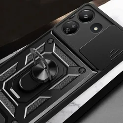 Xiaomi Redmi 13C Telefontok - Camshield - fekete szilikon tok, kitámasztó ujjgyűrűvel, csúsztatható kameravédővel-1