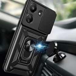 Xiaomi Redmi 13C Telefontok - Camshield - fekete szilikon tok, kitámasztó ujjgyűrűvel, csúsztatható kameravédővel-2