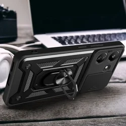 Xiaomi Redmi 13C Telefontok - Camshield - fekete szilikon tok, kitámasztó ujjgyűrűvel, csúsztatható kameravédővel-3