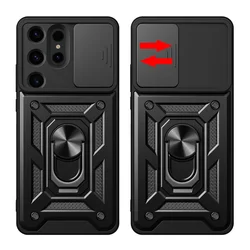 Samsung Galaxy S24 Ultra Telefontok - Camshield - fekete szilikon tok, kitámasztó ujjgyűrűvel, csúsztatható kameravédővel-2