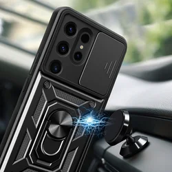 Samsung Galaxy S24 Ultra Telefontok - Camshield - fekete szilikon tok, kitámasztó ujjgyűrűvel, csúsztatható kameravédővel-4