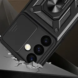 Samsung Galaxy S24+ (S24 Plus) Telefontok - Camshield - kék szilikon tok, kitámasztó ujjgyűrűvel, csúsztatható kameravédővel-3