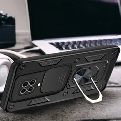 Xiaomi Redmi Note 9 Pro Max Telefontok - Camshield - fekete szilikon tok, kitámasztó ujjgyűrűvel, csúsztatható kameravédővel-1