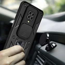 Xiaomi Redmi Note 9 Pro Max Telefontok - Camshield - fekete szilikon tok, kitámasztó ujjgyűrűvel, csúsztatható kameravédővel-2