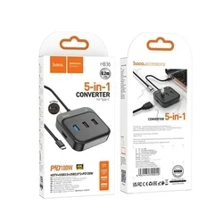 HOCO HB36 HUB Adapter - 5in1 porttal, Type-C / USB / HDMI, fekete adapter-5