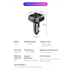 BC52L Transzmitter - autós FM/Bluetooth transzmitter + 2XUSB autós töltő, fekete-8