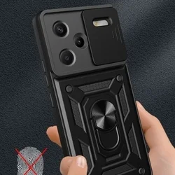 Xiaomi Redmi Note 13 Pro+ 5G Telefontok - Camshield - fekete szilikon tok, kitámasztó ujjgyűrűvel, csúsztatható kameravédővel-5