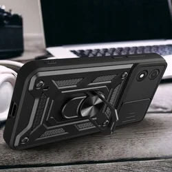 Telefontok Motorola Moto E13 - Camshield - fekete szilikon tok, kitámasztó ujjgyűrűvel, csúsztatható kameravédővel-3