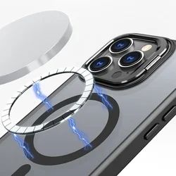 Telefontok iPhone 15 - MagSafe kompatibilis áttetsző műanyag hátlap tok, kitámasztható kamera kerettel, fekete szilikon kerettel-2