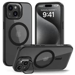 Telefontok iPhone 15 - MagSafe kompatibilis áttetsző műanyag hátlap tok, kitámasztható kamera kerettel, fekete szilikon kerettel-4
