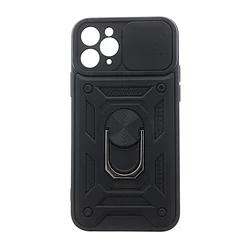 iPhone 16 Pro telefontok - Camshield - fekete szilikon tok, kitámasztó ujjgyűrűvel, csúsztatható kameravédővel ﻿-1