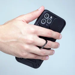 iPhone 16 Pro telefontok - Camshield - fekete szilikon tok, kitámasztó ujjgyűrűvel, csúsztatható kameravédővel ﻿-4