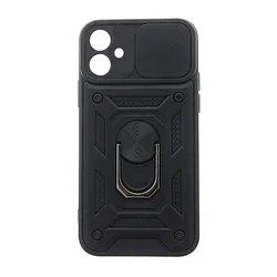 iPhone 16 Plus telefontok - Camshield - fekete szilikon tok, kitámasztó ujjgyűrűvel, csúsztatható kameravédővel-1