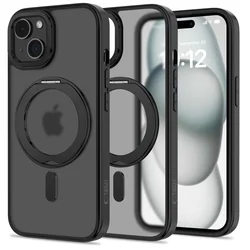 Telefontok iPhone 15 - MagSafe kompatibilis áttetsző műanyag hátlap tok, kitámasztható gyűrűvel, fekete szilikon kerettel-1