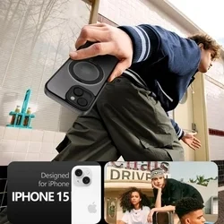 Telefontok iPhone 15 - MagSafe kompatibilis áttetsző műanyag hátlap tok, kitámasztható gyűrűvel, fekete szilikon kerettel-2