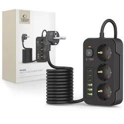 Tech- Protect PC3X6 hálózati töltő - 3 USB / 3 Type-C / 3 dugalj - univerzális hálózati töltő, fekete, 3,1A-5