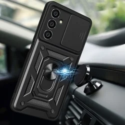 Samsung Galaxy S24 FE telefontok - Camshield - fekete szilikon tok, kitámasztó ujjgyűrűvel, csúsztatható kameravédővel-2