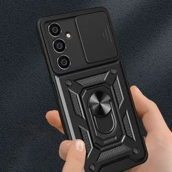 Samsung Galaxy S24 FE telefontok - Camshield - fekete szilikon tok, kitámasztó ujjgyűrűvel, csúsztatható kameravédővel-4