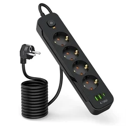 Hálózati töltő: Tech- Protect PCL4X6 - 2 USB / 1 Type-C / 4 dugalj - univerzális hálózati töltő, fekete, 200 cm-3