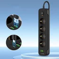 Hálózati töltő: Tech- Protect PCL4X6 - 2 USB / 1 Type-C / 4 dugalj - univerzális hálózati töltő, fekete, 200 cm-4
