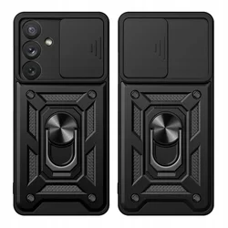 Samsung Galaxy A16 4G / 5G Telefontok - Camshield - fekete szilikon tok, kitámasztó ujjgyűrűvel, csúsztatható kameravédővel-1