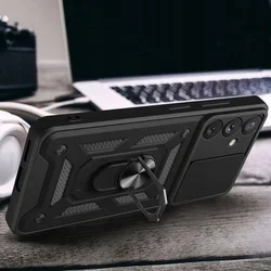 Samsung Galaxy A16 4G / 5G Telefontok - Camshield - fekete szilikon tok, kitámasztó ujjgyűrűvel, csúsztatható kameravédővel-2