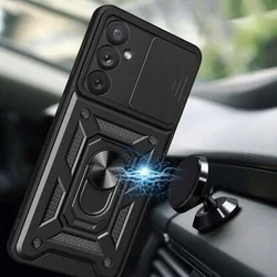 Samsung Galaxy A16 4G / 5G Telefontok - Camshield - fekete szilikon tok, kitámasztó ujjgyűrűvel, csúsztatható kameravédővel-3