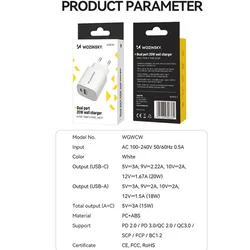 Telefon töltő: Wozinsky WGWCW - USB / Type-C (USB-C) portos fehér hálózati gyors töltőfej, 20W-3