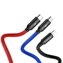 BASEUS BSY01 - 3in1 kábel - USB - Lightning / Type-C (USB-C) / MicroUSB színes szövet kábel 3,5A, 30 cm-1