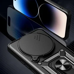 Telefontok Xiaomi Redmi Note 14 Pro 5G - Camshield - fekete szilikon tok, kitámasztó ujjgyűrűvel, csúsztatható kameravédővel-1
