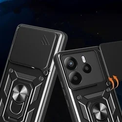 Xiaomi Redmi Note 14 5G telefontok - Camshield - fekete szilikon tok, kitámasztó ujjgyűrűvel, csúsztatható kameravédővel-1