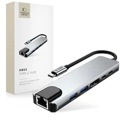 Tech- Protect HB02 HUB adapter - 6in1 porttal, Type-C / 2x USB / HDMI 4K / RJ45 / PD100W szürke adapter-6