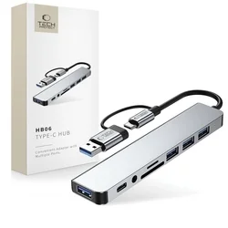 Tech- Protect HB06 HUB - 8in1 porttal, Type-C / 2x USB / SD-TF / jack szürke adapter-7
