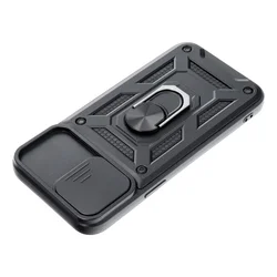 Telefontok iPhone 16e - Camshield - fekete szilikon tok, kitámasztó ujjgyűrűvel, csúsztatható kameravédővel-1