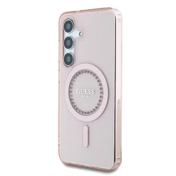 Samsung Galaxy S25 - Guess Classic Logo strasszokkal - pink átlátszó MagSafe kompatibilis hátlap tok-1