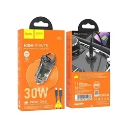 Hoco Z53 - fekete/átlátszó autós gyorstöltő, 30W + fekete Lightning / Type-C (USB-C) kábel (1m)-4