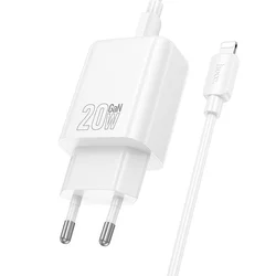 HOCO N61 - USB/Type-C (USB-C) portos fehér hálózati töltőfej 3A 20W + Type-C (USB-C) / Lightning kábel (1m)-1