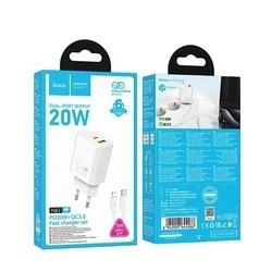 HOCO N61 - USB/Type-C (USB-C) portos fehér hálózati töltőfej 3A 20W + Type-C (USB-C) / Lightning kábel (1m)-3