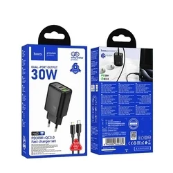 HOCO N63 - USB/Type-C (USB-C) portos fekete hálózati töltőfej 3A 30W + Type-C (USB-C) / Lightning kábel (1m)-3