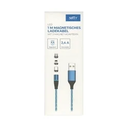 Setty - 3in1 kábel - USB - Lightning / Type-C (USB-C) / MicroUSB cserélhető mágneses fejekkel, kék kábel 2,4A, 1 m-1