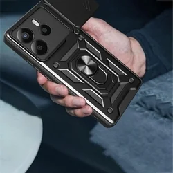 Telefontok Xiaomi Redmi Note 14 4G / LTE - Camshield - fekete szilikon tok, kitámasztó ujjgyűrűvel, csúsztatható kameravédővel-5